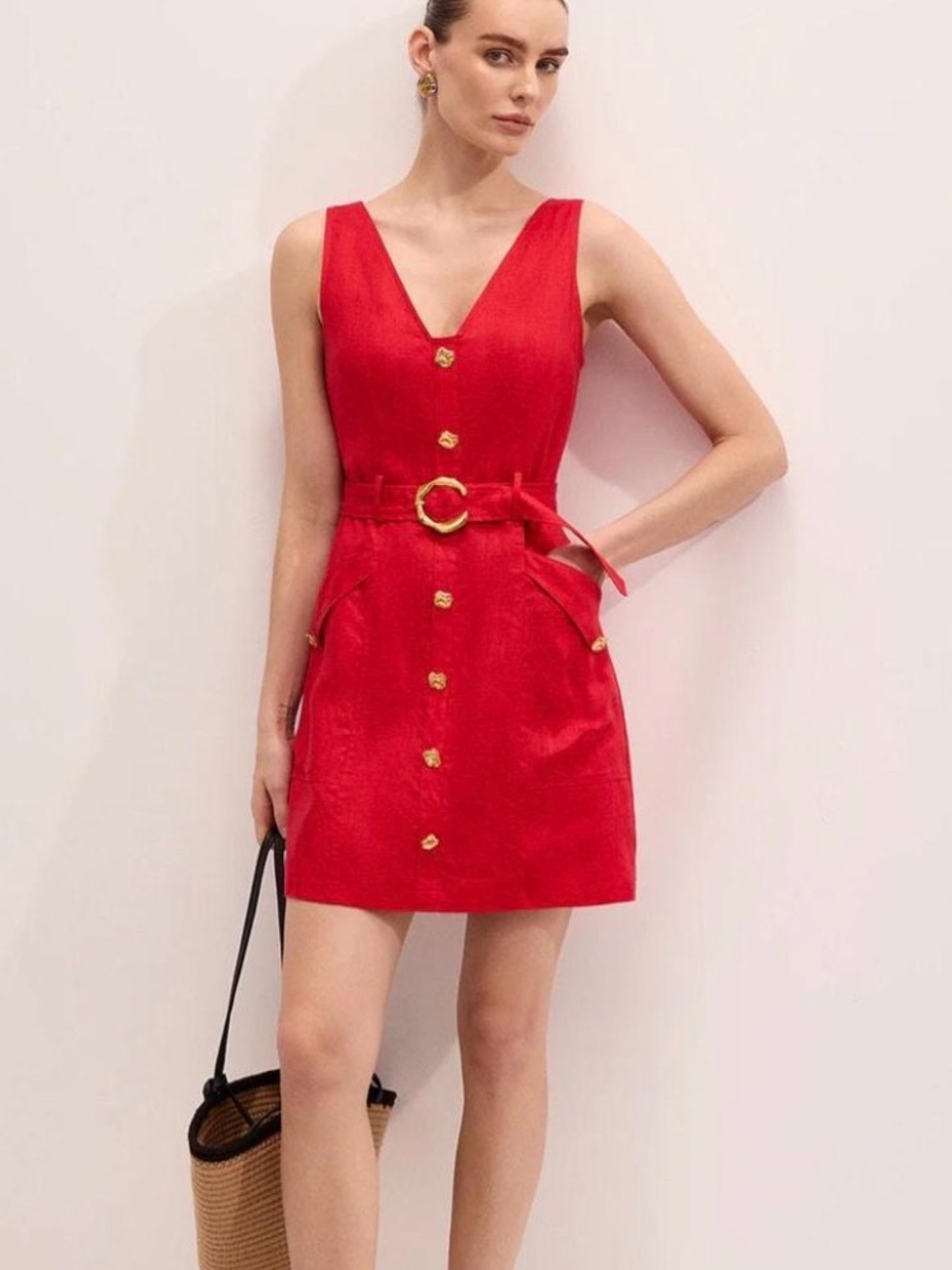 Commense Red Sleeveless Belted Button-Front Mini Dress